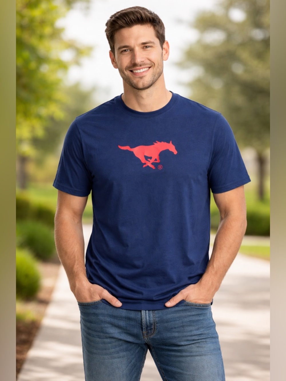 Greyson Blue Performance T-Shirt Red Mustang Logo Men’s Size L